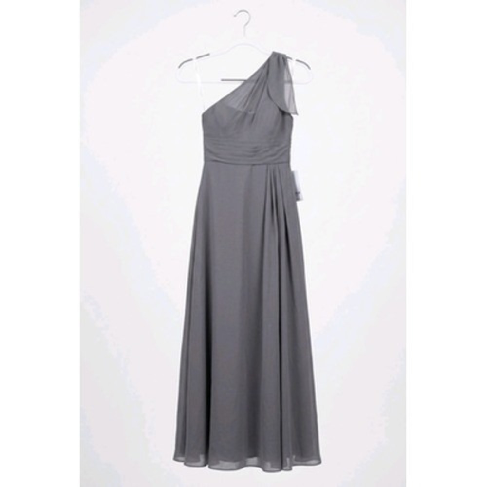 Azazie Dress Girls 6 Gray Cleo Junior One Shoulder Chiffon Bridesmaid Wedding